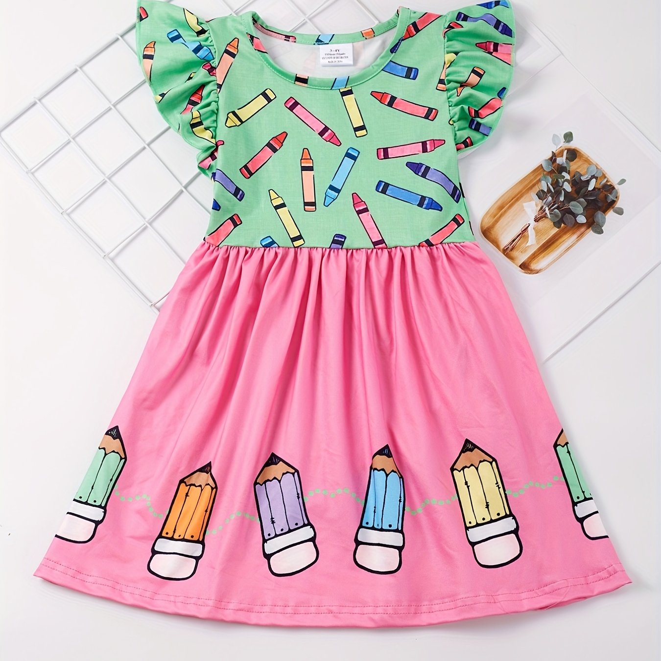 Toddler Girls Ruffle Trim Colorful Crayon Graphic Princess Dress For Back To School Season Party, Cute Kids Summer Clothes