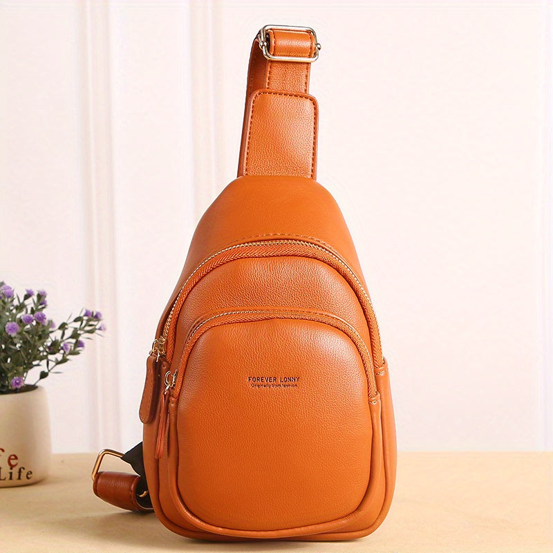 Leisure Solid Color Sling Bag, Zipper Fancy Pack, PU Leather Chest Bag For Outdoor Sports