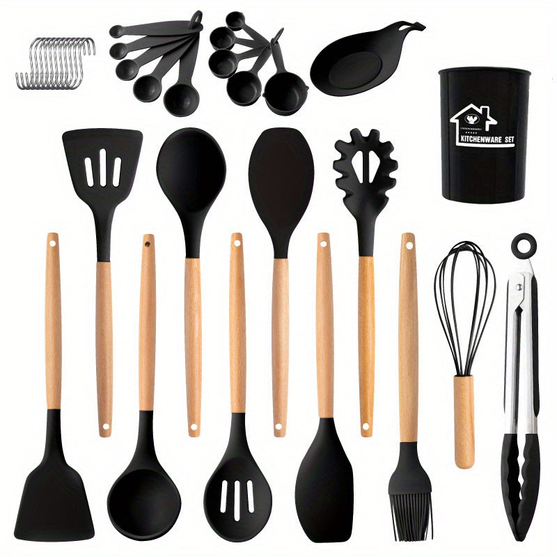 3/13/33pcs Wooden Handle Silicone Kitchenware Silicone Spoon Shovel Kitchen Gadgets Set Kitchen Cooking Tools Back To School Supplies