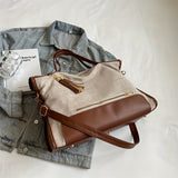 Retro Canvas Tote Bag With Tassel, PU Leather Stitching Crossbody Bag, Hobo Large Capacity Hobo Bag