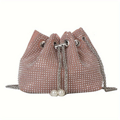 Rhinestone Decor Drawstring Bucket Bag, Glitter Mini Chain Bag, Women's Trendy Crossbody Bag