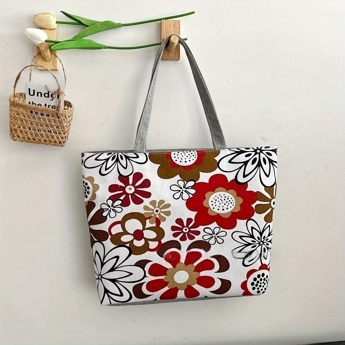 Canvas Vintage Geometric Pattern Tote Bag, Large Capacity Shoulder Bag, All-Match Handbag