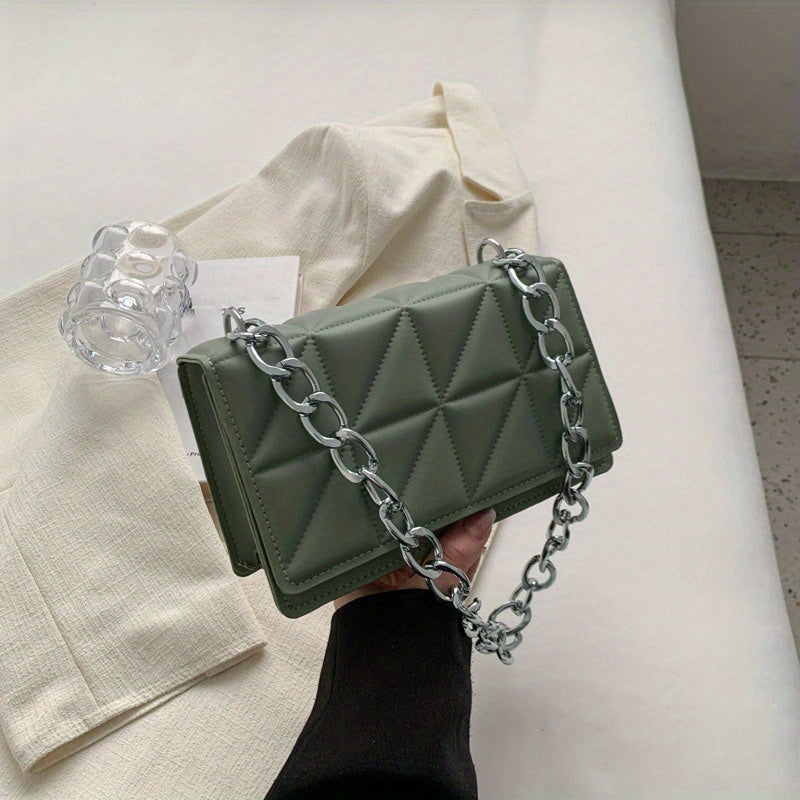 Triangle Pattern Thick Metal Chain Underarm Bag, PU Leather Textured Bag Purse, Fashion Versatile Baguette Bag