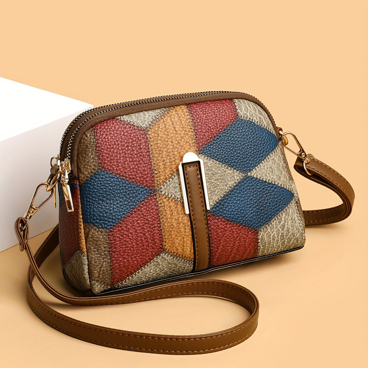 Mini Colorblock Crossbody Bag, Retro Rhombus Pattern Purse, Fashion Shoulder Bag For Women