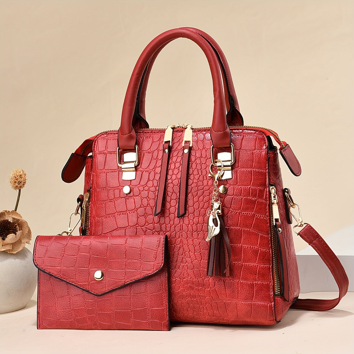 realaiot 2pcs Crocodile Pattern Bag Set, Trendy Tassel Decor Handbag, Women's Small Crossbody Bag With Clutch Bag