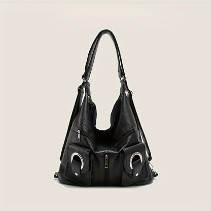 Vintage PU Soft Leather Hobo Bag, Trendy Convertible Backpack, Large Capacity Shoulder Bag For Women