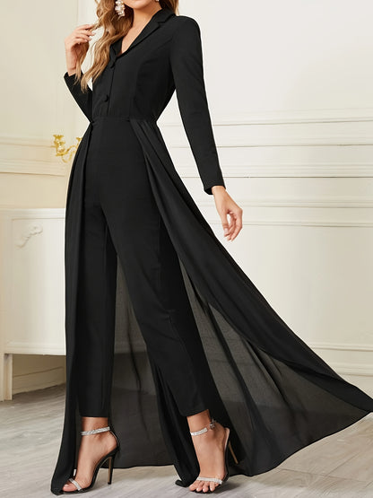 realaiot  V Neck Button Front Jumpsuit, Elegant Long Sleeve Straight Leg Jumpsuit With Skirt, Women's Clothing