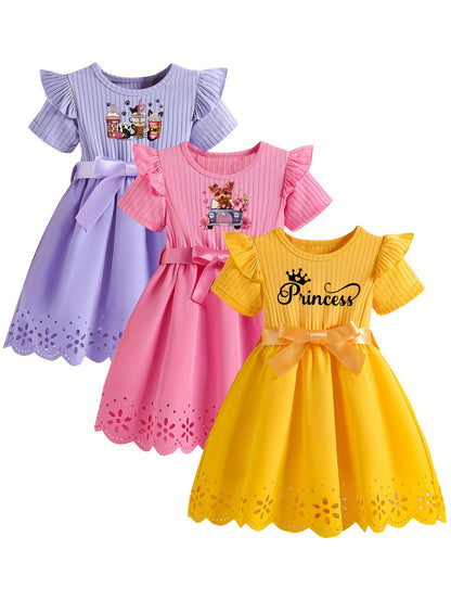 3pcs Girls Adorable Cartoon Character Print Casual Dress Set - Ruffle, Hollow-Out Design, Short Sleeve, Bowknot Belt, Polyester Fabric, Slight Stretch, Regular Fit, Alphabets Pattern, Summer Wear, Knit Fabric