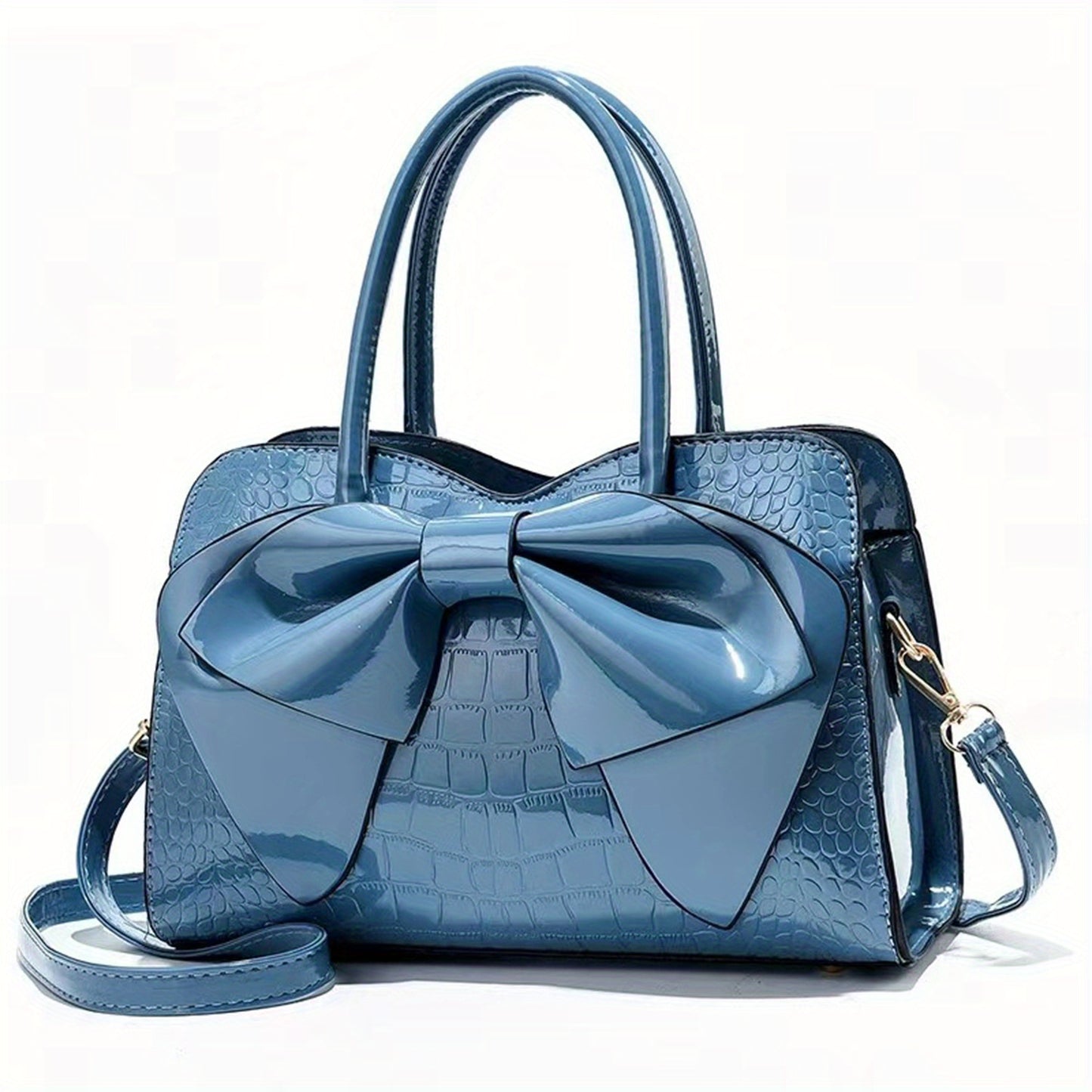 Classic Bowknot Decor Tote Bag, Crocodile Embossed Satchel Bag, Elegant Bag For Work