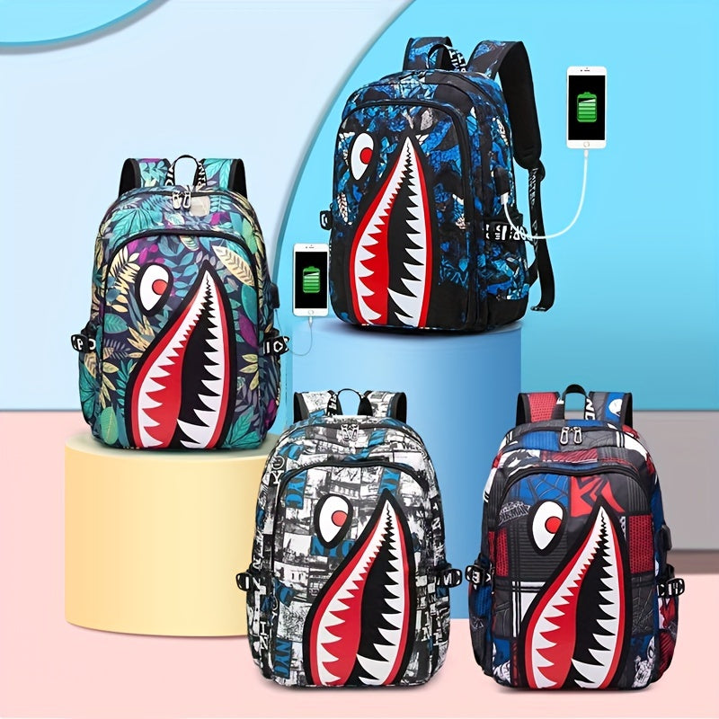 Shark Pattern Backpack, Trendy Nylon Student School Bag, Lightweight Travel Bookbag With USB Charging Port