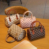realaiot  Vintage Textured Boston Handbag, Small Top Handles Zipper Satchel Bag With Checkerboard Pattern