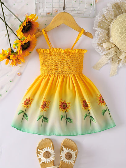 Toddler Girls Gradient Color Sunflower Graphic Frill Trim Shirred Cami Princess Dress For Party Beach Vacation Kids Summer Clothes 4th Of July Outfit