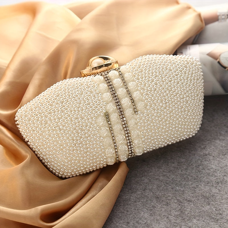 Handmade Beaded Evening Bag, Faux Pearl Clutch Purse, Women's Elegant Handbags For Party Prom Wedding