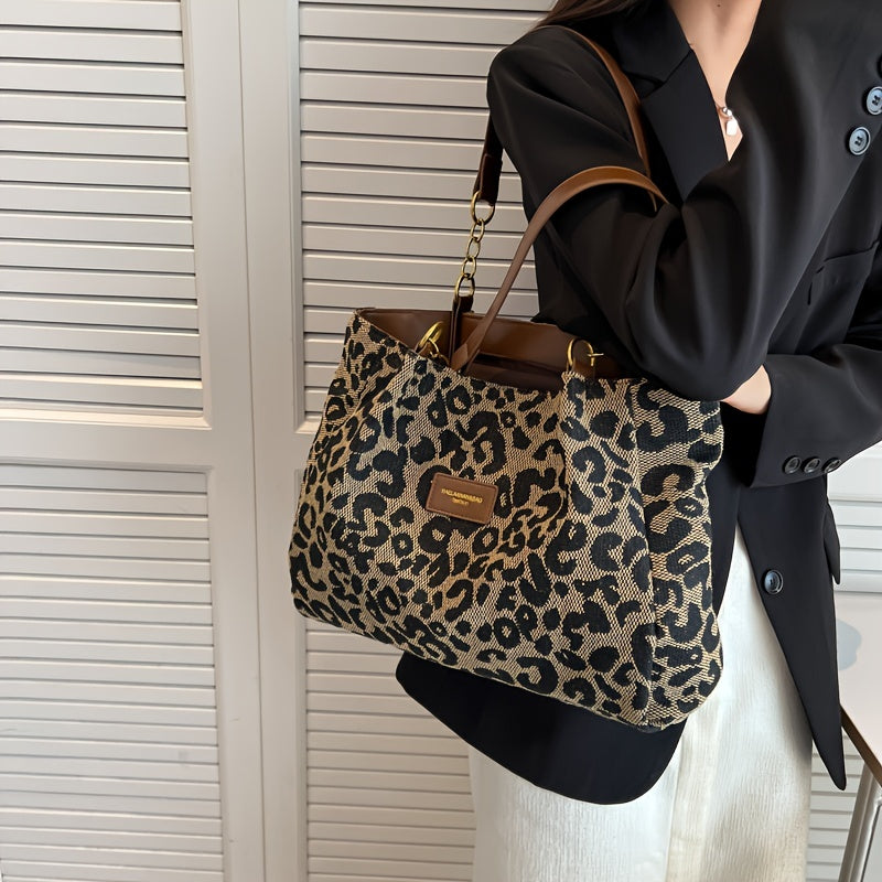 realaiot Fashion Versatile Tote Bag, Leopard Print Large Capacity Handbag, Women's Outdoor Shoulder Bag