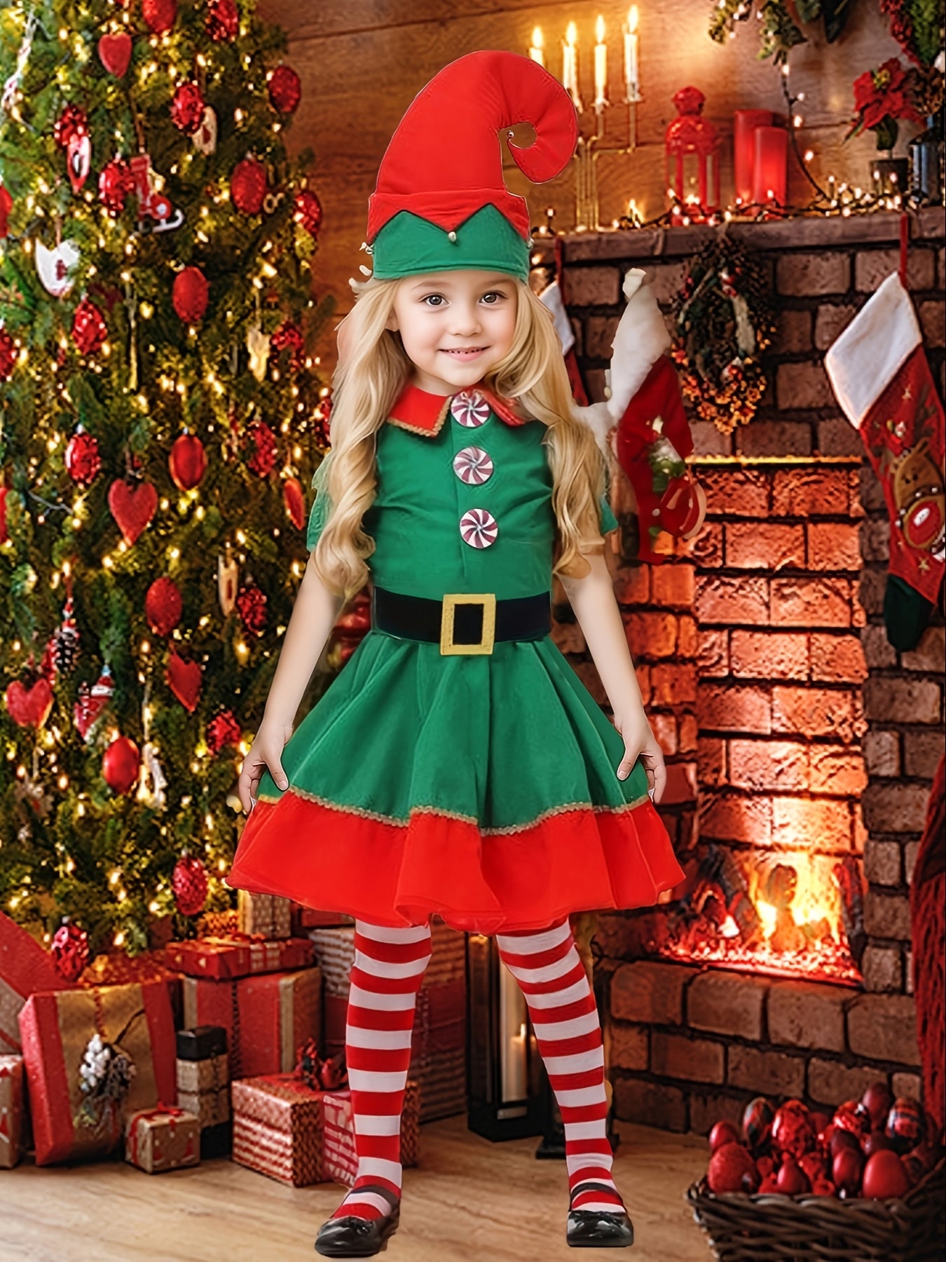 4pcs Girls Christmas Flannel Lapel Dress + Hat + Long Socks + Belt, Christmas Dress Up Outfit, Joy Festival Celebration Clothes