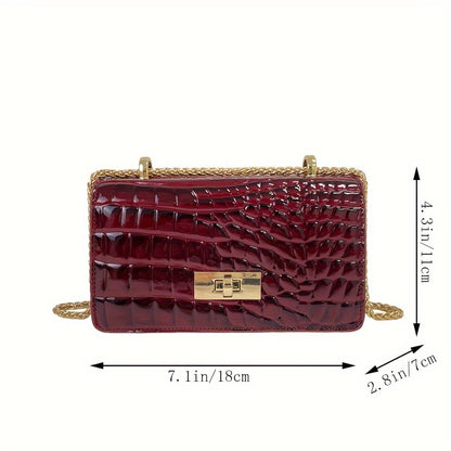 Classic Crocodile Pattern Square Chain Bag, Vintage Flap Shoulder Bag, Textured Handbag Wallet