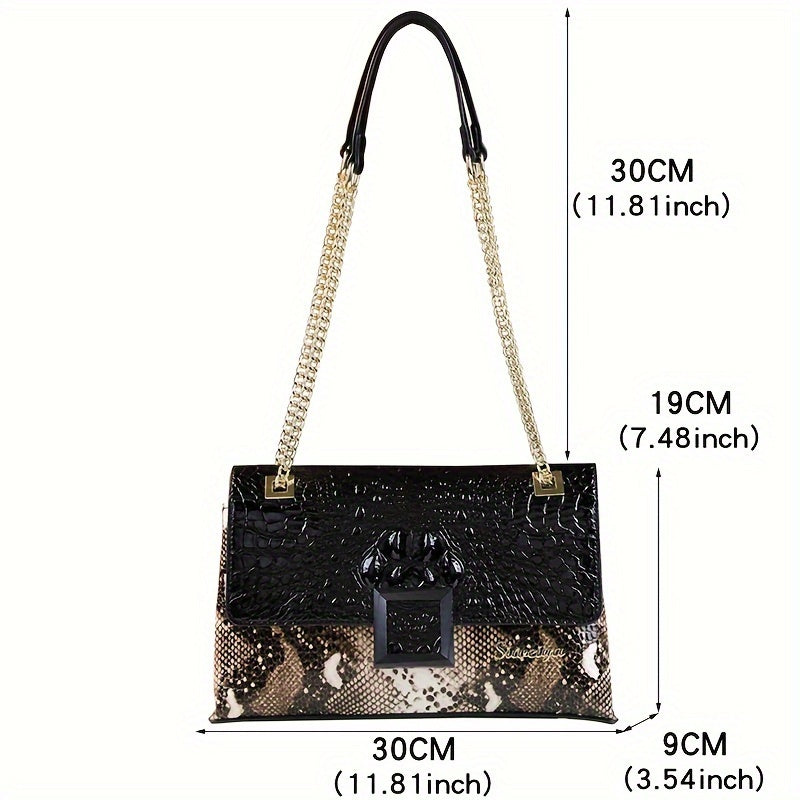 realaiot Snakeskin Pattern Shoulder Bag, Luxury Chain Crossbody Bag, Classic Retro Handbag Flap Purse For Women