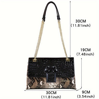 realaiot Snakeskin Pattern Shoulder Bag, Luxury Chain Crossbody Bag, Classic Retro Handbag Flap Purse For Women