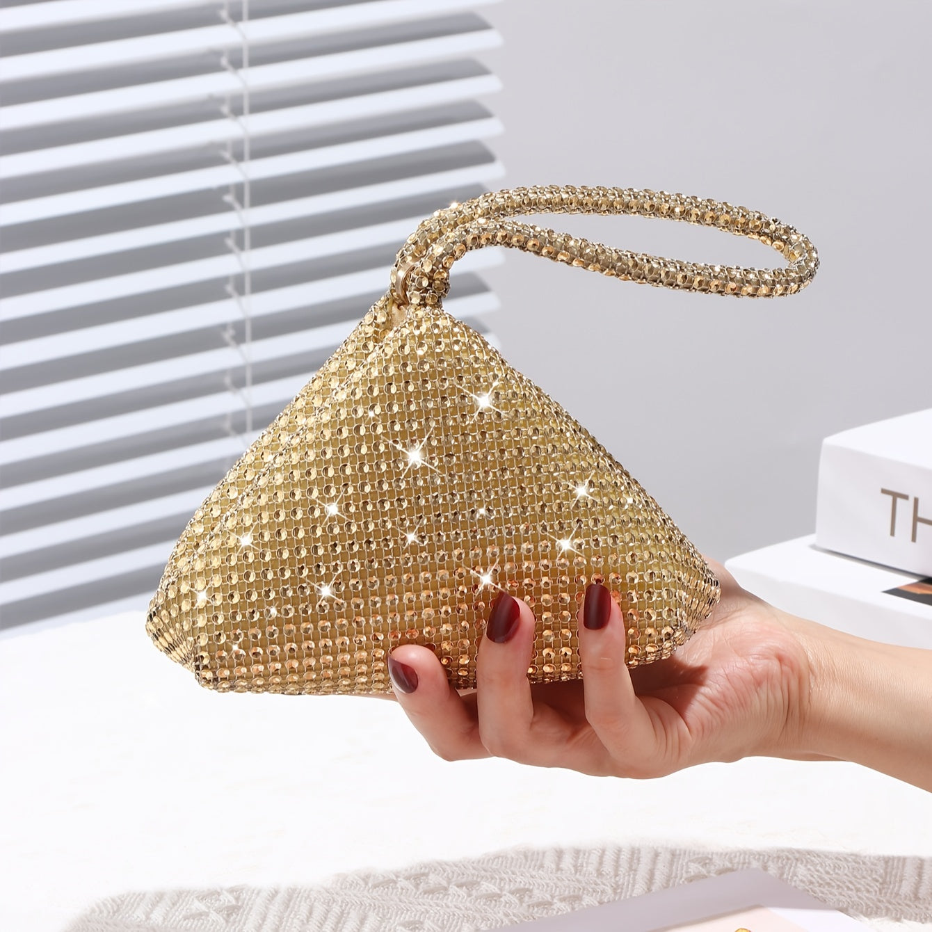 realaiot  Glitter Rhinestone Evening Bag, Luxury Triangle Clutch Purse, Sparkly Handbag For Wedding Party Prom Banquet