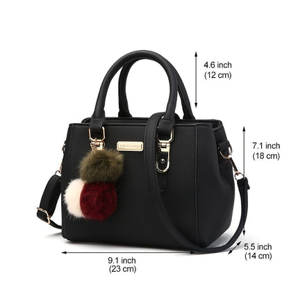 realaiot  Plush Ball Decor Satchel Bag, Stylish Small Top Handle Bag, Casual Zipper Shoulder Crossbody Bag