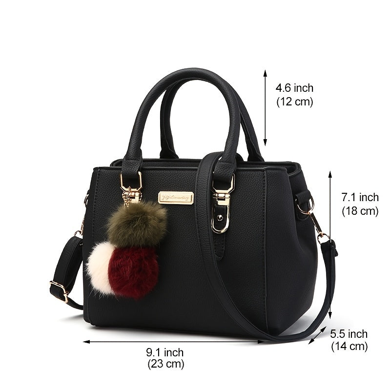 realaiot  Plush Ball Decor Satchel Bag, Stylish Small Top Handle Bag, Casual Zipper Shoulder Crossbody Bag