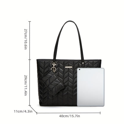 realaiot  2pcs Simple Quilted Tote Bag, Fashion PU Leather Shoulder Bag, Women's Large Handbag With Mini Coin Purse