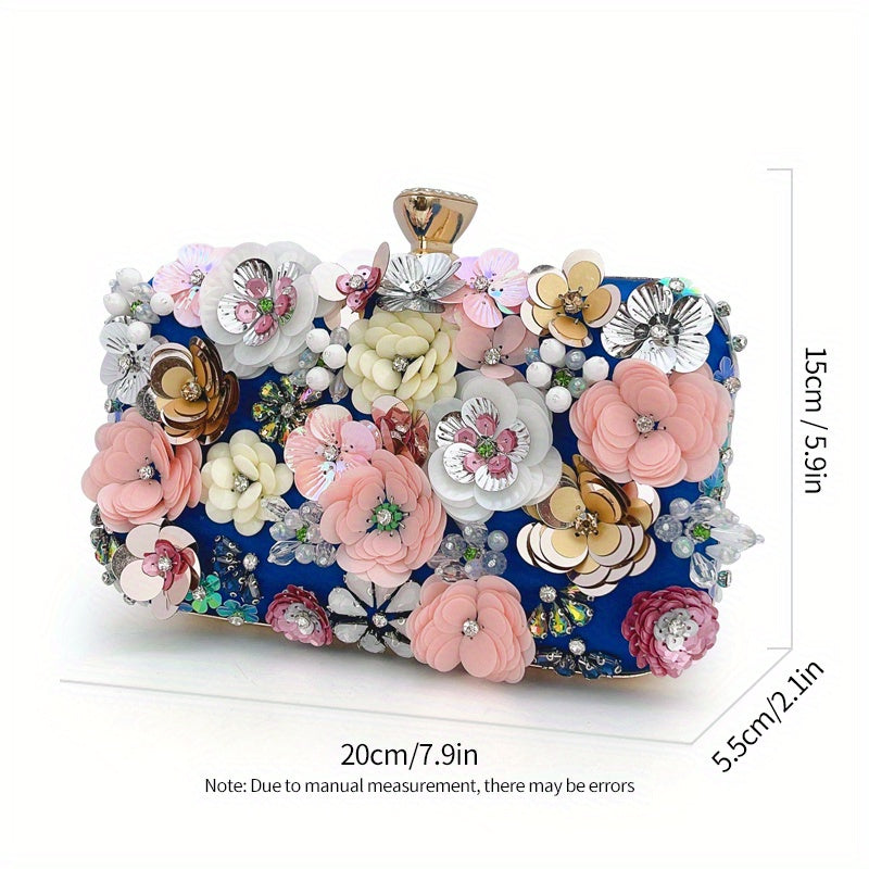 3D Beaded Flower Evening Bag, Elegant Box Clutch Purse, Women's Wedding Handbags For Party Prom
