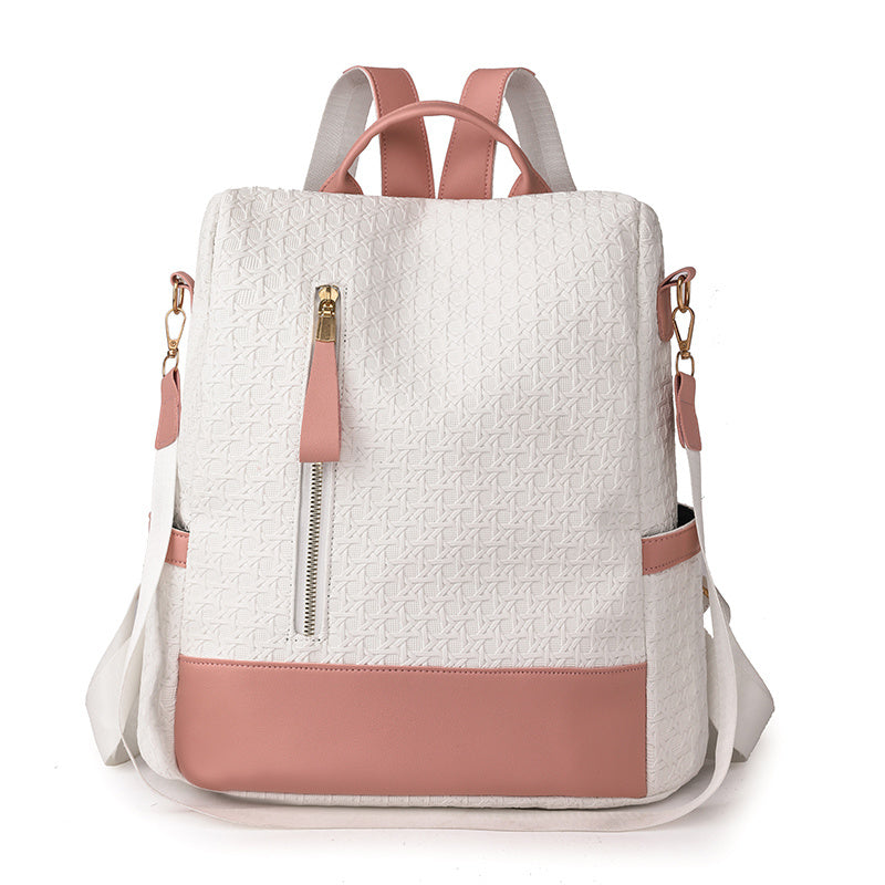 Colorblock Backpack Purse For Women, Geometric Embossed Shoulder Bag, Anti-theft Travel Laptop Schoolbag