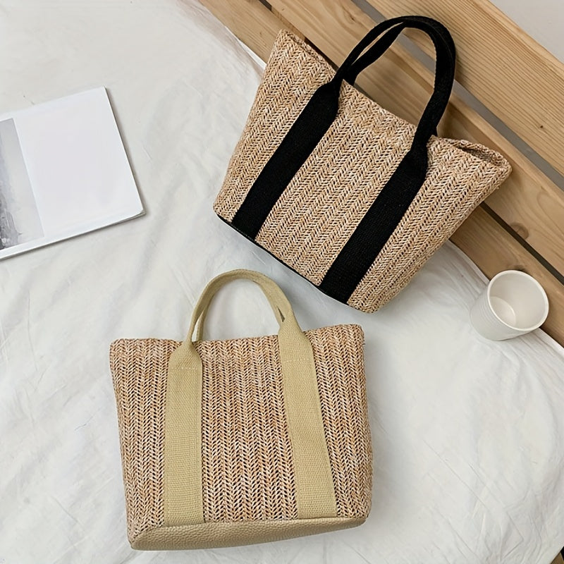 realaiot  Straw Woven Tote Bag For Women, Boho Style Summer Beach Bag, Small Braided Shoulder Bag For Travel