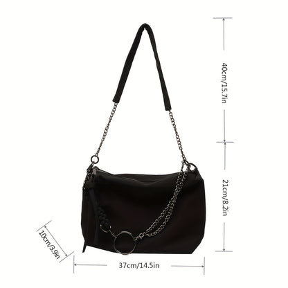 Women's Casual Trendy Shoulder Bag, Black Minimalist Crossbody Bag With Chain Decor