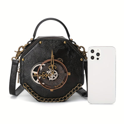 realaiot  Vintage Clock Design Punk Shoulder Bag, Retro Zipper Satchel Bag, Halloween Party Round Purse