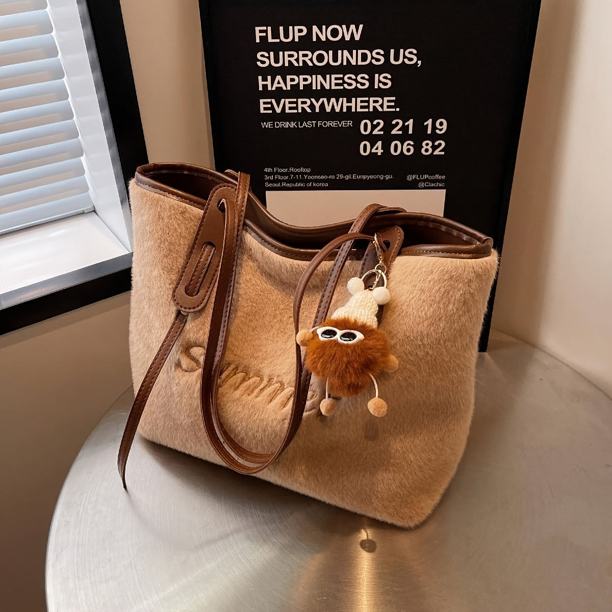 realaiotFashion Fluffy Tote Bag, Large Capacity Plush Shoulder Bag, Women's Casual Handbag For Commute