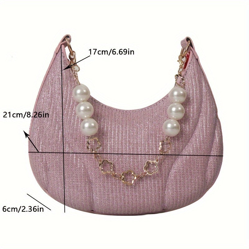 realaiot  Fashion Glitter Shoulder Bag, Faux Pearl Chain Crescent Bag, Trendy Underarm Purse For Women