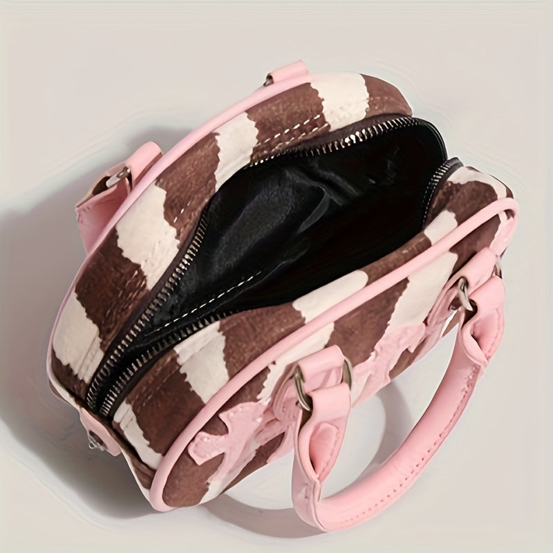 realaiot Y2K Bowling Handbag For Women, Cute Mini Crossbody Bag, Trendy Striped Shoulder Purse