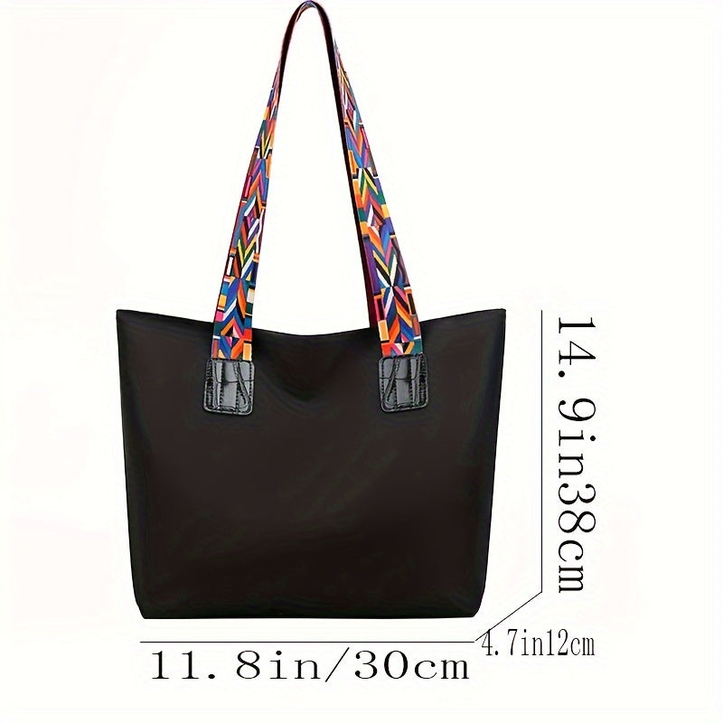 realaiot  Trendy Classic Tote Shoulder Bag, All-Match Versatile Commuter Tote Bag For Women With Colorful Geometric Pattern Strap