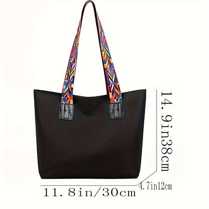 realaiot  Trendy Classic Tote Shoulder Bag, All-Match Versatile Commuter Tote Bag For Women With Colorful Geometric Pattern Strap