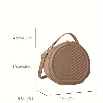 realaiot  Trendy Niche Round Shoulder Bag, Quilted Detail Top Handle Wallet For Women, PU Leather Handbag