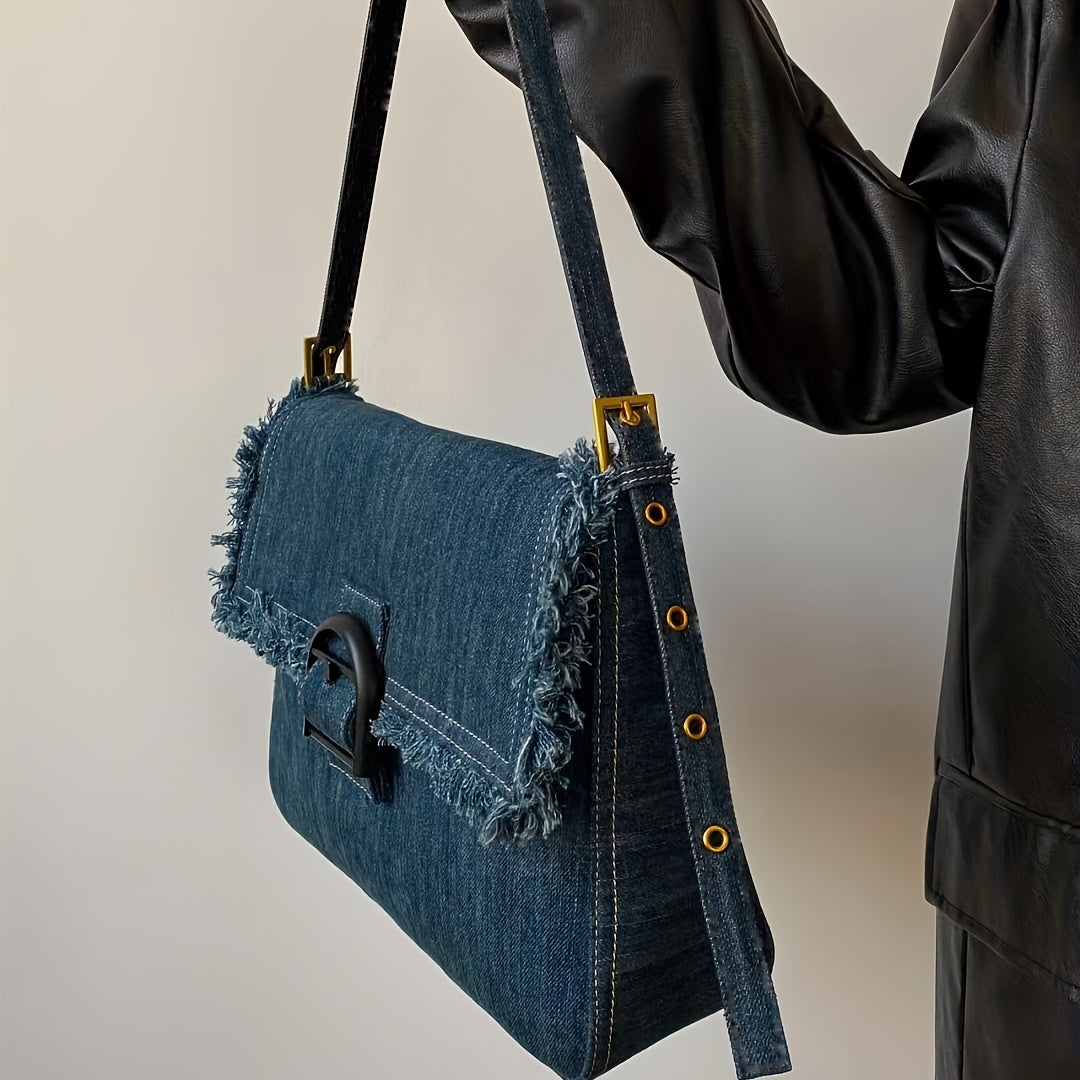 realaiot  Raw Trim Denim Shoulder Bag, Vintage Buckle Underarm Bag, Women's Flap Square Purse