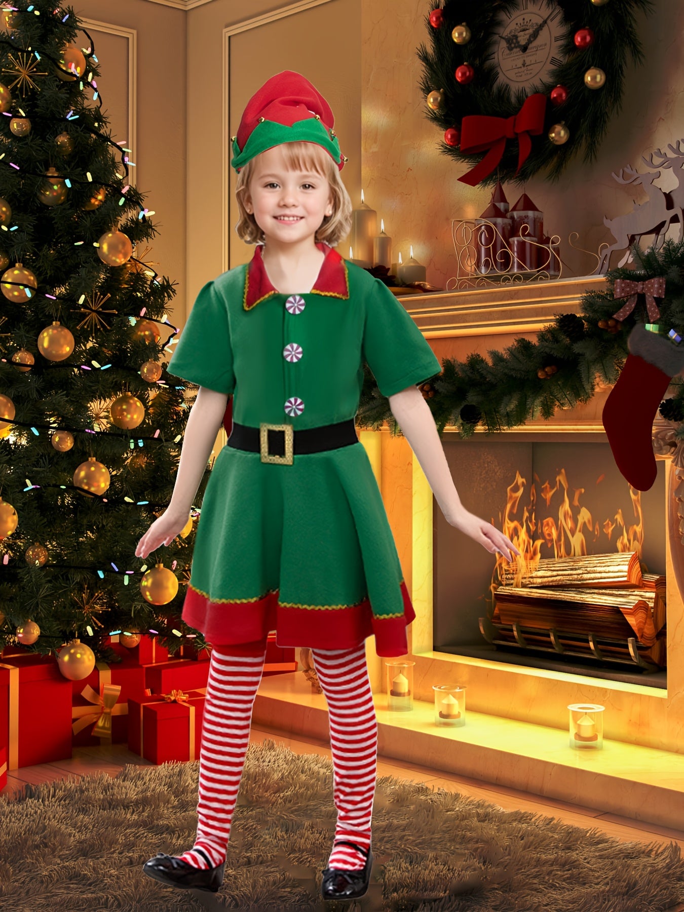 4pcs Girls Christmas Flannel Lapel Dress + Hat + Long Socks + Belt, Christmas Dress Up Outfit, Joy Festival Celebration Clothes