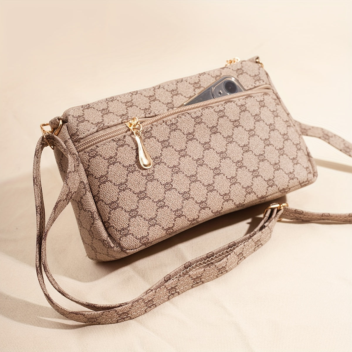 realaiot  Geometric Pattern Crossbody Bag, Vintage Zipper Square Purse, Women's Simple Mobile Phone Bag