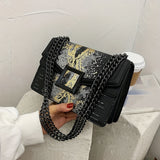 realaiot  Elegant Crossbody Square Bag - Retro Snake Skin Pattern Bag - Classic Flap Chain Shoulder Bag