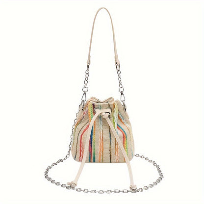 realaiot  Striped Tweed Bucket Bag For Women, Trendy Mini Chain Crossbody Bag, Autumn Winter Drawstring Shoulder Purse