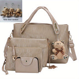 Women's Fashion Tote Bag Set, 4 Pcs Trendy Handbag & Shoulder Bag & Clutch Bag & Key Card Bag