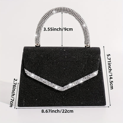 realaiot  Top Handle Rhinestone Decor Evening Bag, Flap Satchel Banquet Bag, Women's Elegant Wedding Prom Bag