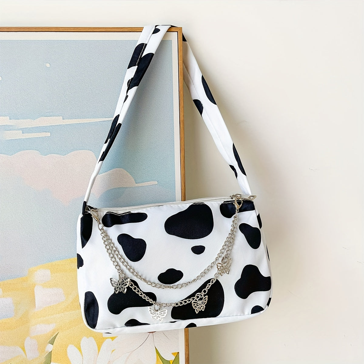 All Over Cow Pattern Baguette Bag, Trendy Zipper Shoulder Wallet With Butterfly Decor Chain Strap