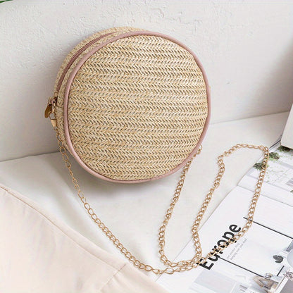 realaiot  Fashion Straw Round Bag, Women's Chain Crossbody Bag, Mini Summer Beach Bag For Holiday