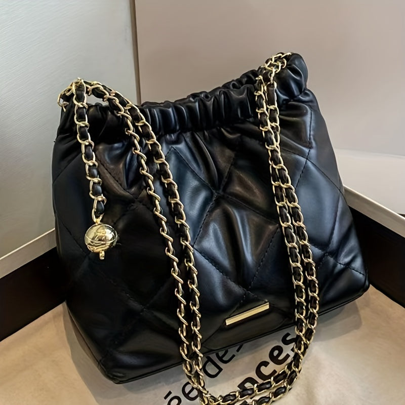 realaiot  Black Soft Large Capacity Fashionable Pleated Chain Casual Mommy Bag, For Mommy Hanging Out