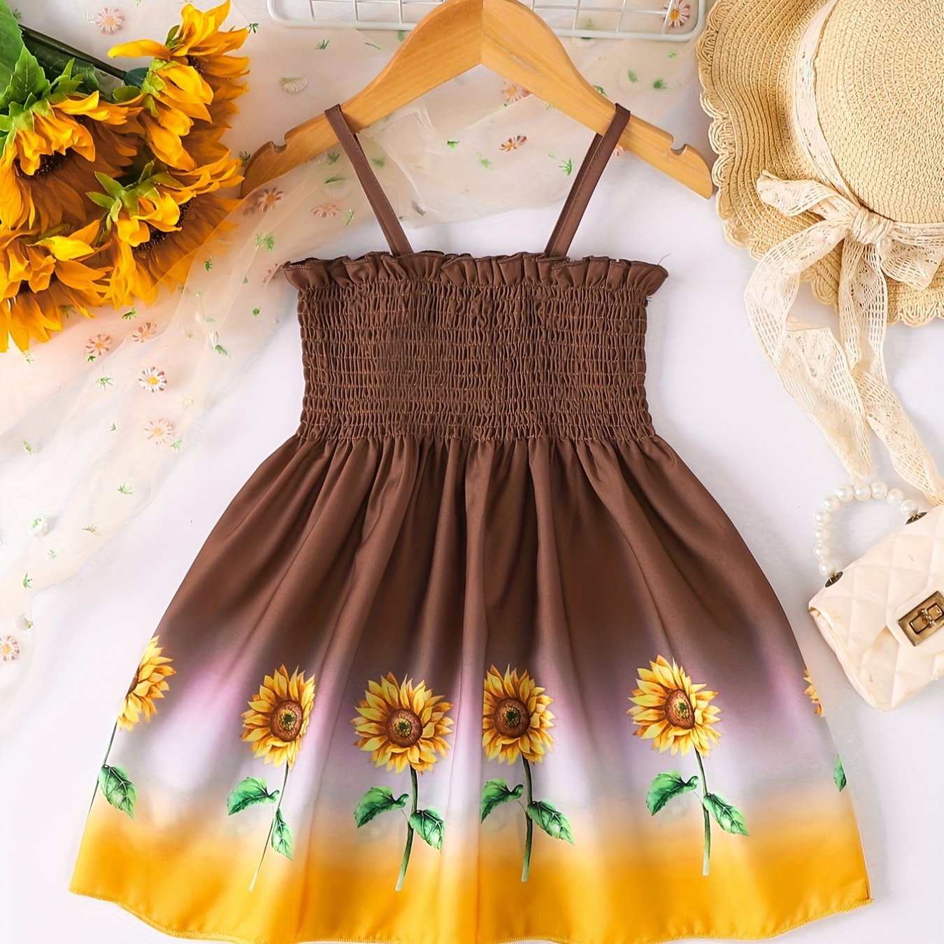 Toddler Girls Gradient Color Sunflower Graphic Frill Trim Shirred Cami Princess Dress For Party Beach Vacation Kids Summer Clothes 4th Of July Outfit