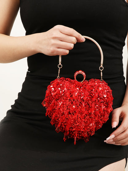 Red Mini Heart Satchel Bag, Tassel Decor Sequins Top Handle Evening Bag, Women's Elegant Wedding Prom Wallet