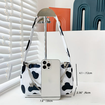 All Over Cow Pattern Baguette Bag, Trendy Zipper Shoulder Wallet With Butterfly Decor Chain Strap